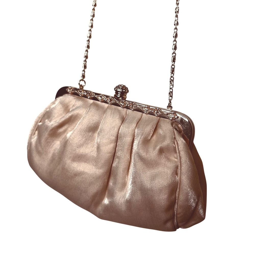 Gunne Sax Champagne Satin Pleated Evening Clutch Bag Rhinestone Kiss Lock Gold